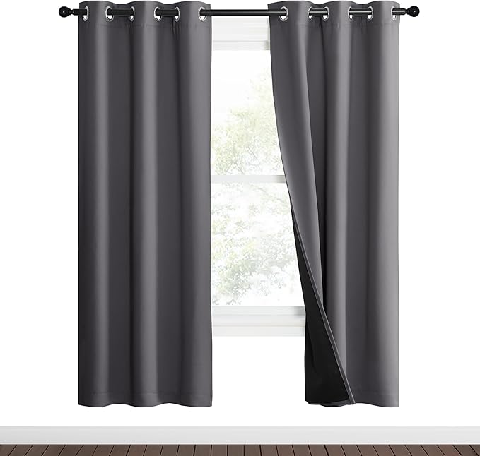 NICETOWN Grey Full Shade Curtain Panels, 37" Wide x 70" Long, Gray, Pair of Thermal Insulated & Energy Efficiency Blackout Curtains for Living Room Windows, Lined Silky Performance Window Dressing by NICETOWN