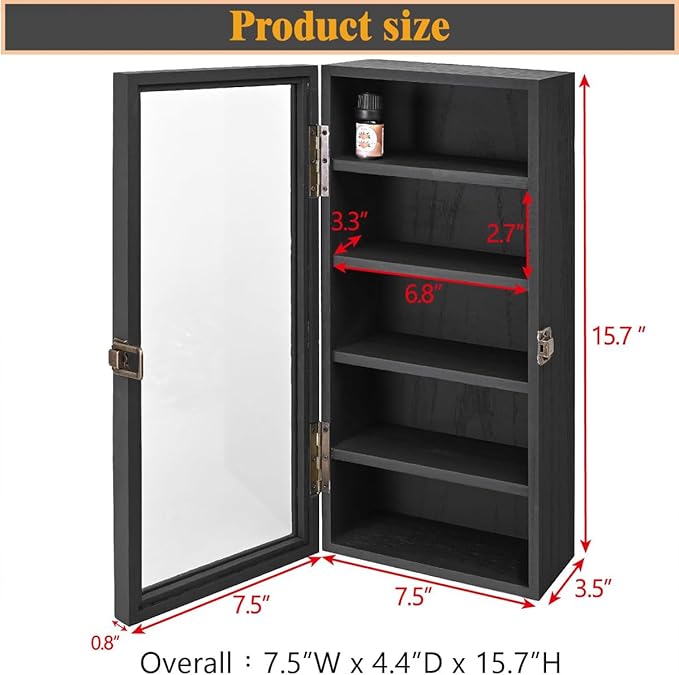 Wall Mounted Wooden Collectible Display Case 5 Shelf Display Storage Accessories Display with Acrylic Door, Sunglass Display Cabinet, Wall Shadow Box, Shelf Thimble Display Case (Black) - Image 3