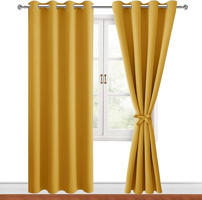 Hiasan Blackout Curtains for Bedroom, 52 x 84 Inches Long - Thermal Insulated & Light Blocking Window Curtains for Living Room, 2 Drape Panels Sewn with Tiebacks, Mustard Yellow by Hiasan