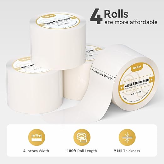 Vapor Barrier Tape 4 Rolls, 4" Wide x 180' Long Moisture Barrier Tape, 9 mil White polyethylene Tape, Moisture Sealing and Seams for Crawl Spaces, Vapor barriers, Marine, Insulation - Image 2