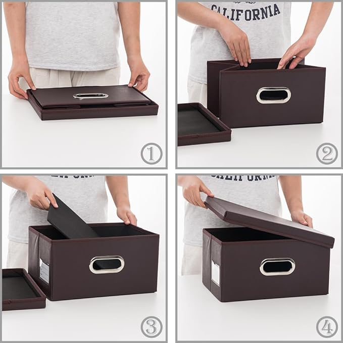 PRANDOM Collapsible Storage Box with Lid [3-Pack] Leather Fabric Foldable Storage Bin Organizer Container Basket Cube with Cover for Home Bedroom Closet Office Nursery Brown(13.6x9.6x6.9) - Image 5