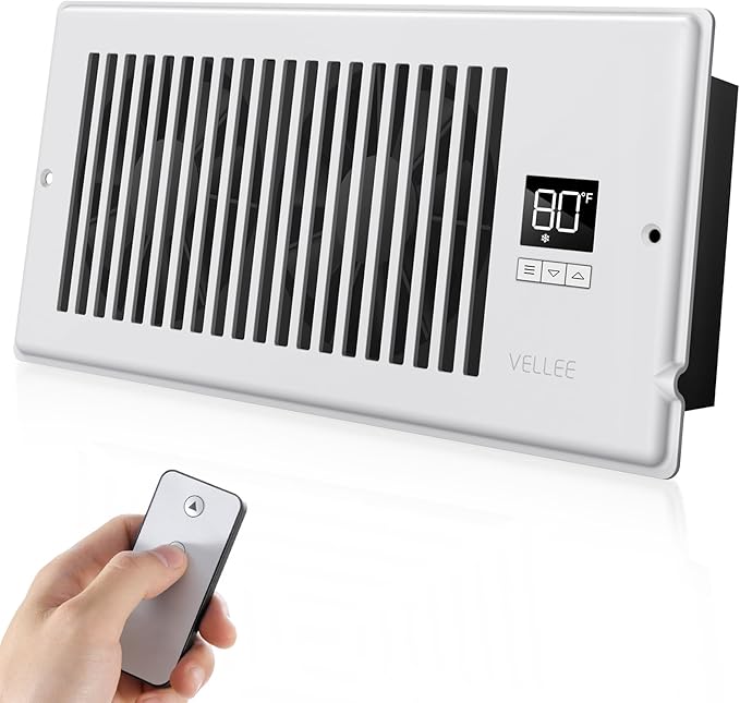 VELLEE Quiet Register Booster Fan Fits 4" x 10" (DUCT OPENING CUTOUT), 10-Speed Smart Heating Cooling AC Vent Booster Fan w/Remote Control & Thermostat Control (Vertical Grille - White) - Corded by VELLEE
