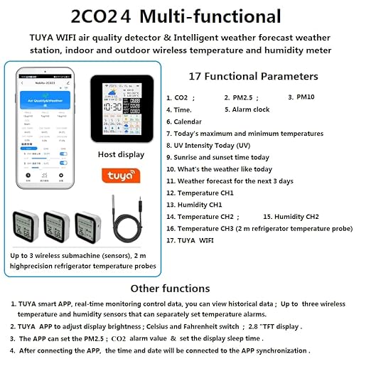 WiFi Air Quality Monitor CO2(NDIR PM2.5 PM10, Weather Station with 3-Day Forecast,Wireless Indoor Outdoor Thermometer Alarm with 3 Sensors, Water Thermometer, Aquarium, Refrigerator. Phone APP 2CO24 - Image 8