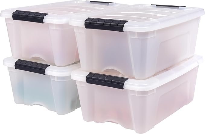 IRIS USA 13 QT Plastic Storage Box with Lid and Latches - 4 Pack - BPA-Free, Discreet Organizing Solution, Durable Nestable Stackable Containers, Secure Pull Handle - Pearl by IRISUSA