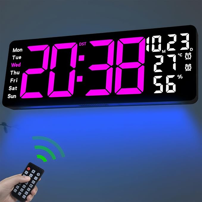 JoFomp 17.3" Large Digital Wall Clock, LED Digital Clock Large Display with Remote Control, Alarm Clock with Temp/DST/Dimmer/Humidity/Timer/Ambient Light - 12/24H, Alarm Wall Clock for Bedroom by JoFomp