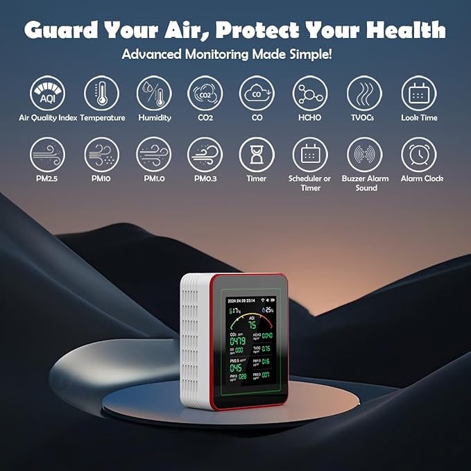 Professional 15-in-1 Air Quality Monitor with Smartphone APP - Dual Chip - Sensors Detect CO2, PM2.5/PM10, HCHO, TVOC | Real-Time Alerts & Custom Thresholds | for Home, Car, Office, Plants, Pets - Image 2