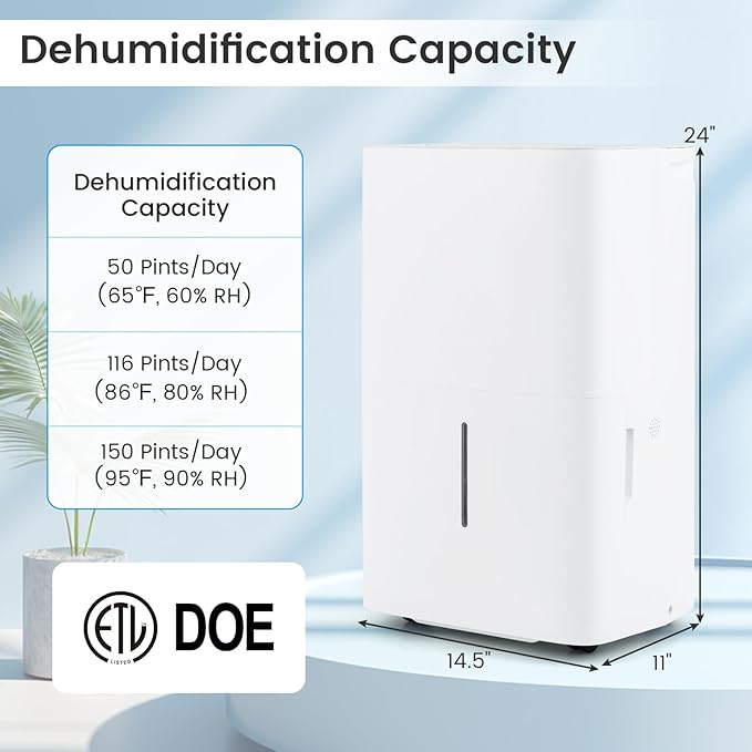 DORTALA 150 Pints Dehumidifier for 7000 Sq.Ft Large Rooms, Basement, Bathroom, Home Dehumidifier with Pump, Drain Hose, 2 Modes, 24H Timer, 2.4 Gal Water Tank, Auto Defrost, White - Image 7