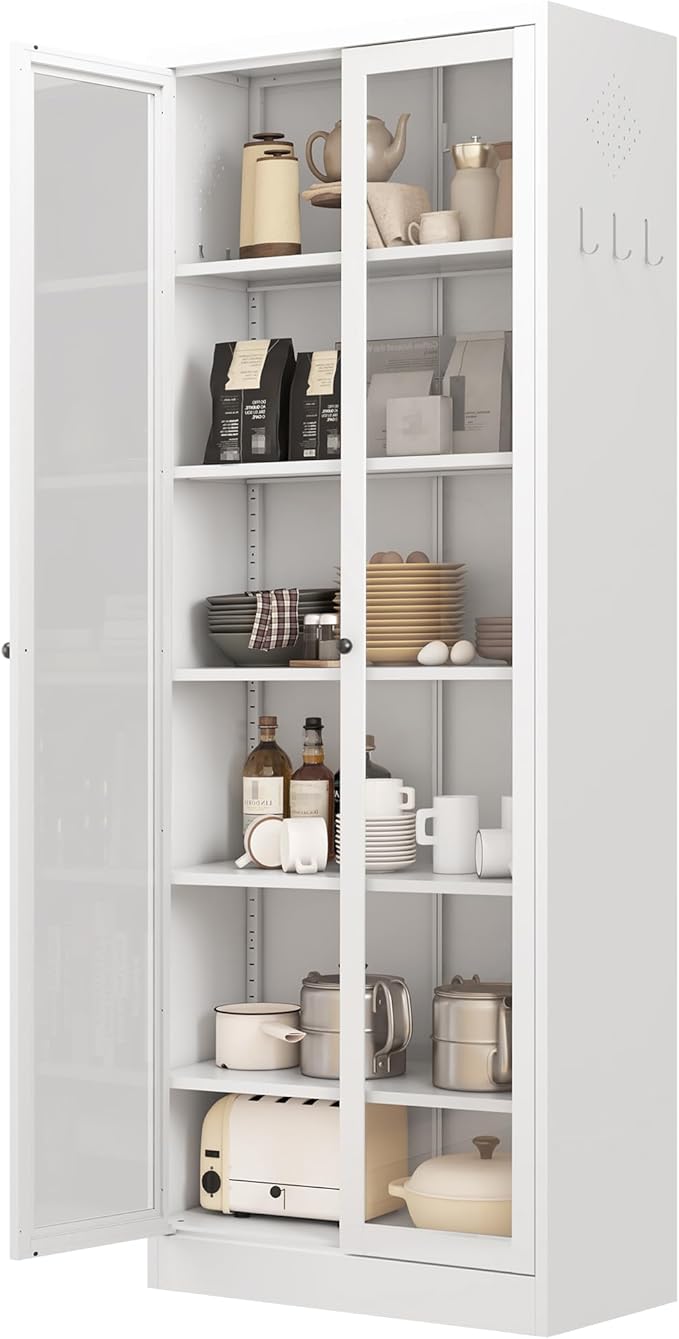 Kitchen Pantry Storage Cabinets with Glass Doors and 5 Adjustable Shelves, 72" Tall Kitchen Cupboard Metal Pantry Cabinet for Home Office Living Dining Room, Assembly Required (White) - Image 9