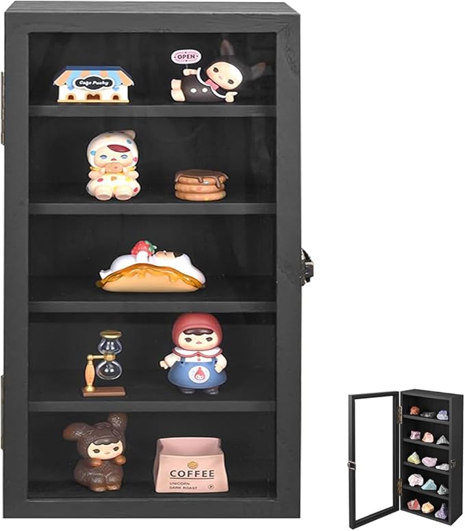 Wall Mounted Wooden Collectible Display Case 5 Shelf Display Storage Accessories Display with Acrylic Door, Sunglass Display Cabinet, Wall Shadow Box, Shelf Thimble Display Case (Black) by LITAITAI