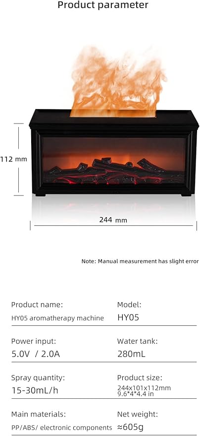 Flame Effect Essential Oil Diffuser - 280ML Ultrasonic Aromatherapy Diffuser with Realistic Fireplace LED, Remote Control, 7 Colors, Timer, Quiet Operation for Home Bedroom Office - Image 9