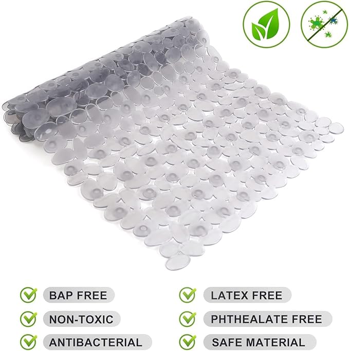 WELTRXE Non Slip Bathtub Mat 35 x 16 Inches Pebbles Shower Mats with Suction Cups, Drain Holes for Bathroom Showers, Tub, Machine Washable Bathroom Mats BPA, Latex Free Safe Tub Mats - Clear Gray - Image 2