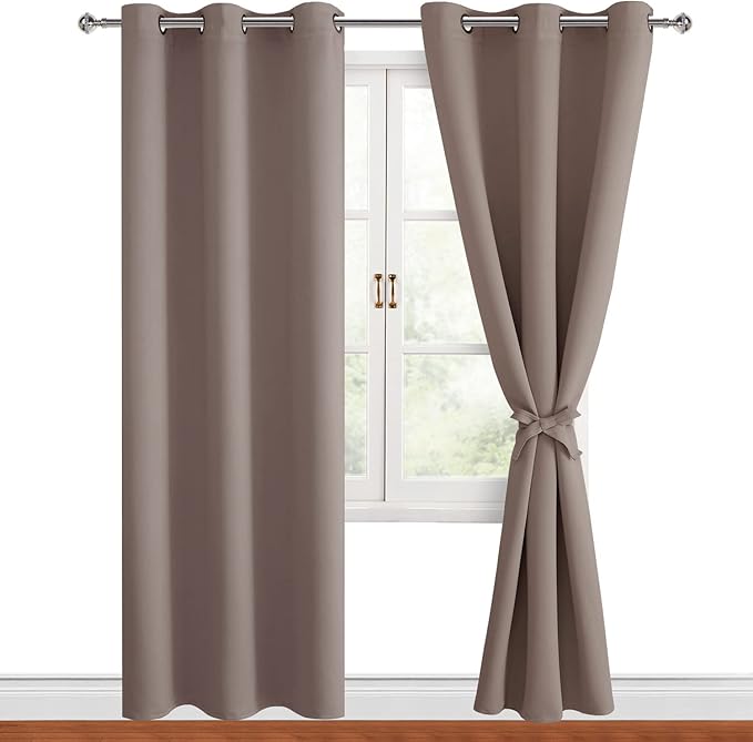 Hiasan Blackout Curtains for Bedroom, 42 x 84 Inches Long - Thermal Insulated & Light Blocking Window Curtains for Living Room/Kids Room, 2 Drape Panels Sewn with Tiebacks, Tan by Hiasan
