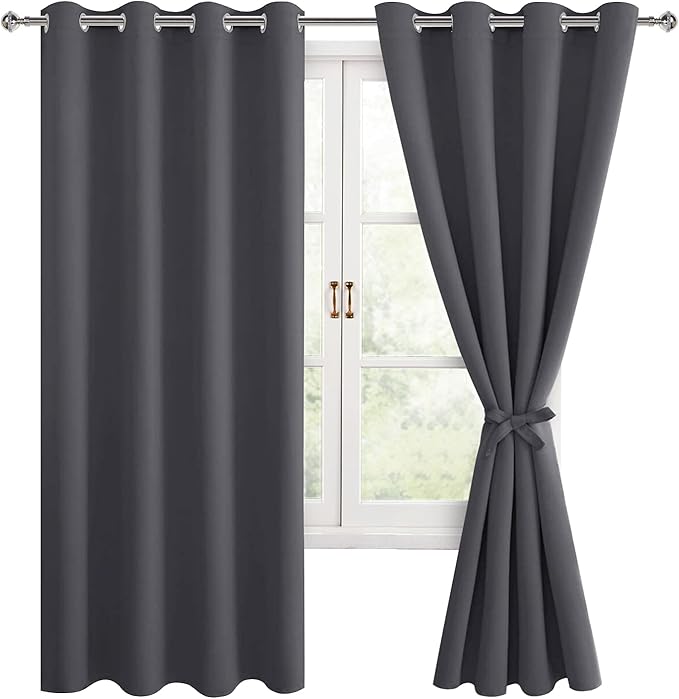 Hiasan Blackout Curtains for Bedroom, 52 x 63 Inches Length - Thermal Insulated & Light Blocking Window Curtains for Living Room, 2 Drape Panels Sewn with Tiebacks, Dark Grey by Hiasan