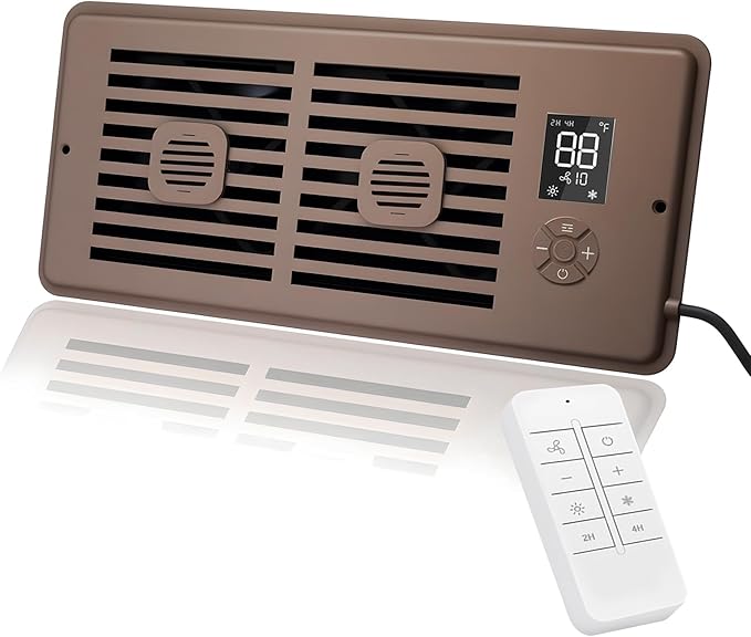 Register Booster Fan for 4" x 10" Vents Only, 10 Speeds to Control Cool and Warm Airflow, Air Conditioning Vents with LED Screen Remote & Thermostat Control, for Room Walls & Floors (Brown) by WeeLeeGoo