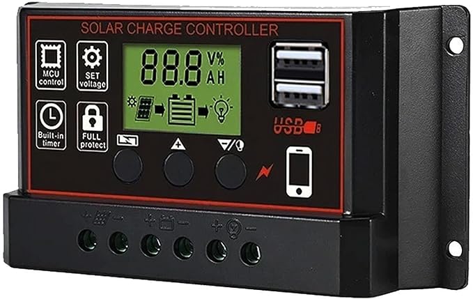 Solar Charge Controller, Solar Panel Charge Controller Intelligent Regulator with Dual USB Port 12V/24V, Auto Paremeter Adjustable LCD Display PWM（Black, 30A） - Image 4