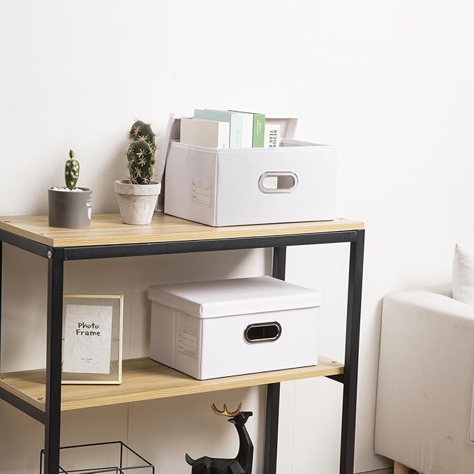 PRANDOM Collapsible Storage Box with Lid [3-Pack] Leather Fabric Foldable Storage Bin Organizer Container Basket Cube with Cover for Home Bedroom Closet Office Nursery White(13.6x9.6x6.9) - Image 2