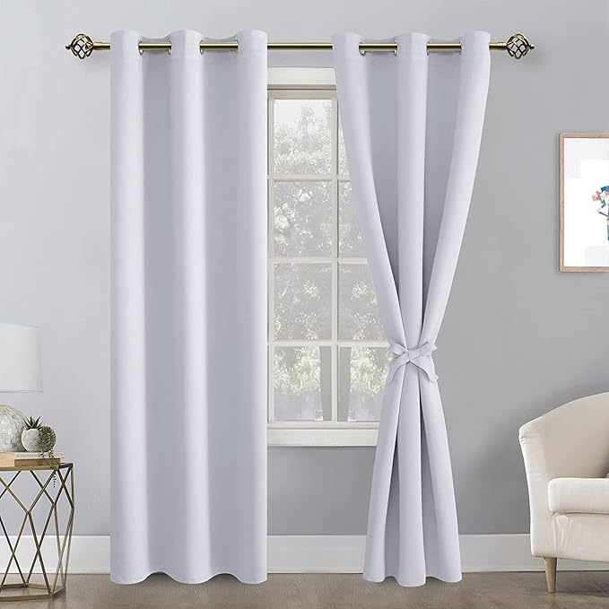 Hiasan Blackout Curtains for Bedroom, 38 x 84 Inches Long - Thermal Insulated & Energy Saving Window Curtains for Living Room, 2 Drape Panels Sewn with Tiebacks, Greyish White - Image 2