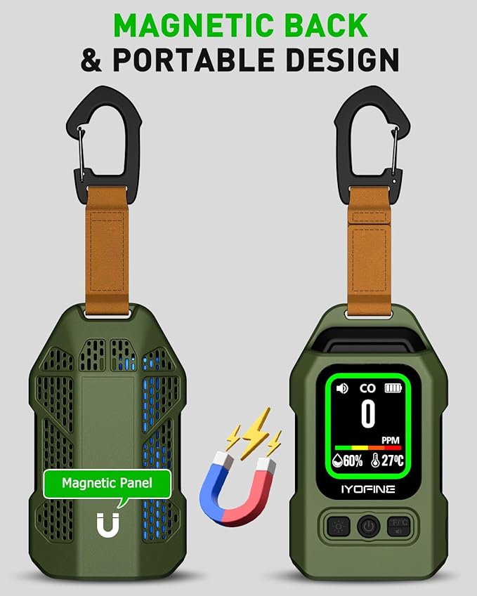 Portable Carbon Monoxide Detector for Travel, 300H Standby, CO Detector with Magnetic Back, Rechargeable 3-in-1 CO Monitor with Audible & Visual Alarm for Camping, Hotel, Car & RV (Dark Green) - Image 6