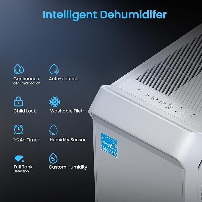 3,500 Sq.Ft Most Efficient Energy Star 2024 Dehumidifier, Vellgoo Max 80 Pint/D (Standard 56 Pint/D) Compressor Dehumidifier with Drain Hose, Intelligent Humidity Control for Basement, Home, Bedroom - Image 7