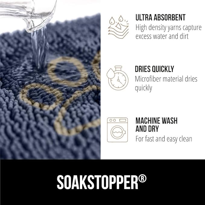 GORILLA GRIP SOAKSTOPPER Dog Door Mat, 30x20 Machine Washable Rug Absorbent Doormat Captures Moisture Mud Dirt, Quick Dry Soft Chenille Entryway Rugs Indoor Entrance Mats for Dog Paws, Navy - Image 4