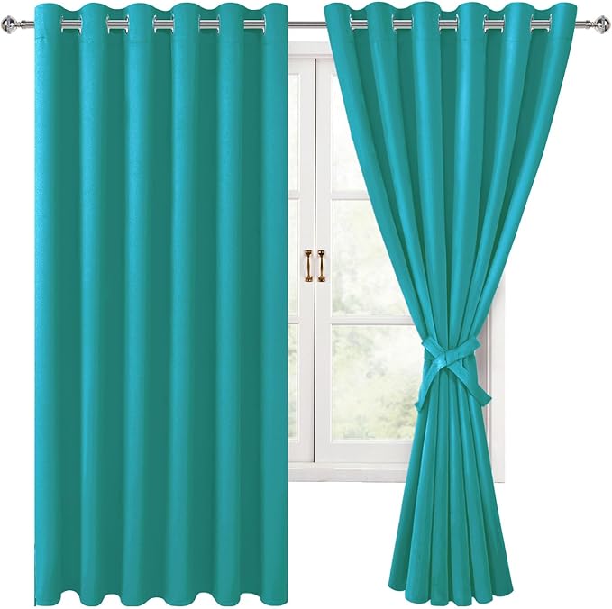 Hiasan Room Darkening Curtains for Bedroom, 70 x 63 Inches - Thermal Insulated & Energy Saving Window Drapes for Living Room/Dorm Room, Set of 2 Panels Sewn with Tiebacks, Peacock Teal by Hiasan