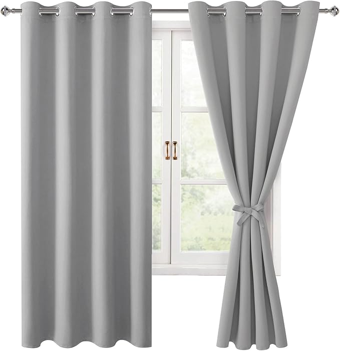 Hiasan Blackout Curtains for Bedroom, 52 x 63 Inches Length - Thermal Insulated & Light Blocking Window Curtains for Living Room, 2 Drape Panels Sewn with Tiebacks, Silver Grey by Hiasan