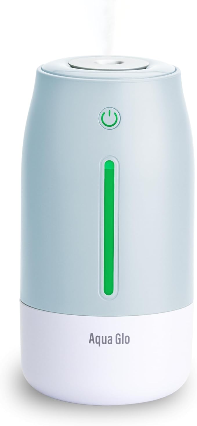 Aqua Glo Personal Humidifier – Ultrasonic Cool Mist, Rechargeable Battery for 15 Hours Use, 2-Cup Water Tank, Quiet Operation. Ideal for Travel, Office, Bedroom, Plants, and Home. Blue Mist by Airvana