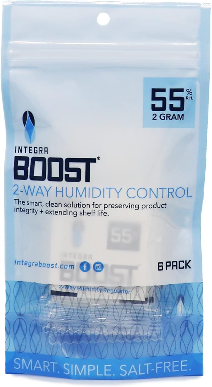 Integra Boost - 55% RH Level - 2 Gram Size - Two-Way Humidity Control Pack - Includes Humidity Indicator Cards - Humidity Balancer Packet For Packaged Foods & Herbs Storage (Pack of 6) by IntegraSpecialtyProducts