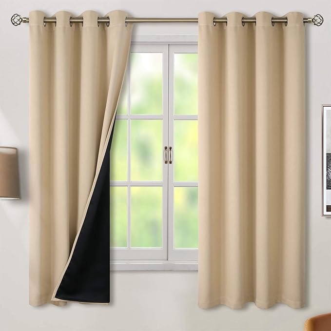 BGment Thermal Insulated 100% Blackout Curtains for Bedroom with Black Liner, Double Layer Full Room Darkening Noise Reducing Grommet Curtain (52 x 63 Inch, Beige, 2 Panels) by BGment