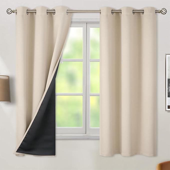 BGment Thermal Insulated 100% Blackout Curtains 63 Inch Length 2 Panels, Total Light Blocking Curtains for Bedroom, Grommet Window Drapes with Thick Black Liner, 38 Inch Wide Each Panel, Champagne by BGment