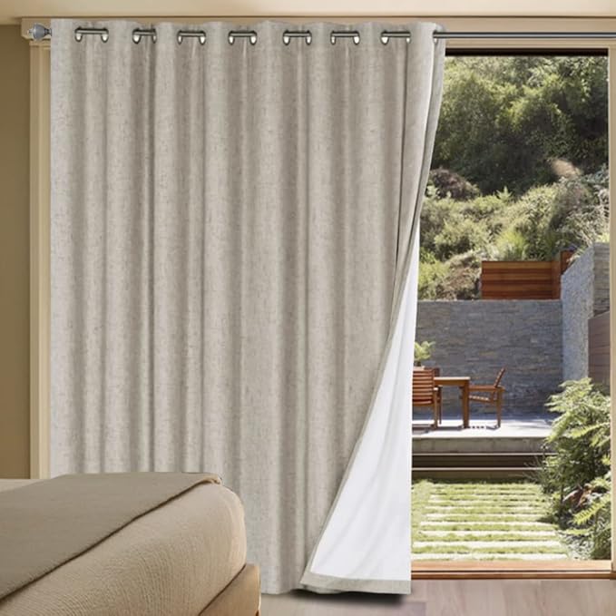 H.VERSAILTEX Linen Blackout Curtains Durable Thick Textured Linen Look 100% Blackout Patio Door Curtain Anti Rust Grommet Extra Wide Sliding Door Curtain Panel, W100 x L108 inch - Stone by HVERSAILTEX
