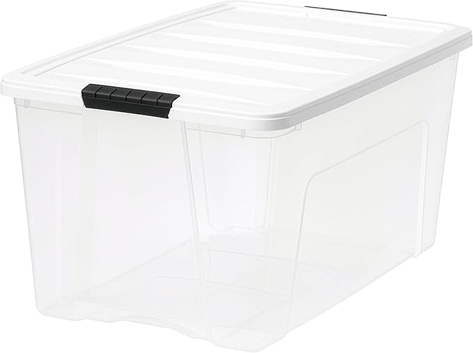IRIS USA 72 Qt Stackable Plastic Storage Bins with Lids, 4 Pack - BPA-Free, Made in USA - See-Through Organizing Solution, Latches, Durable Nestable Containers, Secure Pull Handle - Clear/White - Image 4