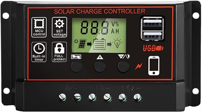 Solar Charge Controller, Solar Panel Charge Controller Intelligent Regulator with Dual USB Port 12V/24V, Auto Paremeter Adjustable LCD Display PWM（Black, 30A） by SAOOER