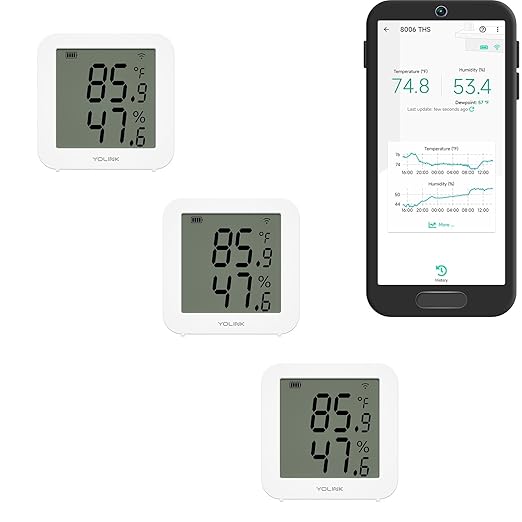 YoLink Indoor Hygrometer Thermometer, 3-Pack, 2-Year Data Storage Export, Advanced Offline Storage, LoRa Tech, App Push, Email, SMS, Hub Required by YoLink
