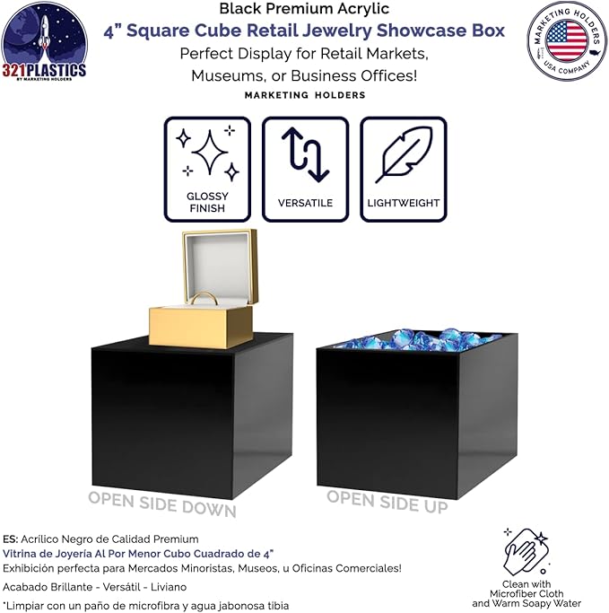 2 Pack 4" Acrylic Display Riser Box with One Open Side Versatile Glossy Black Square Lucite Retail Merchandise Storage Bin or Product Platform No Assembly Required by Marketing Holders - Image 3