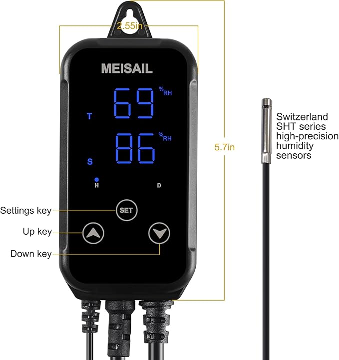 Humidity Controller S20B Humidistat for Humidification and Dehumidification - 100-240VAC Input, 10A Load Capacity, Control Humidity 10%-95% Rh - Dual Stage Control Humidifier Dehumidifier. - Image 2