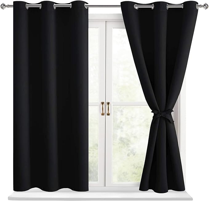 Hiasan Blackout Curtains for Bedroom - Light Blocking & Noise Reducing Window Curtains for Living Room, 2 Drape Panels Sewn with Tiebacks, Black, 38 x 54 Inch by Hiasan