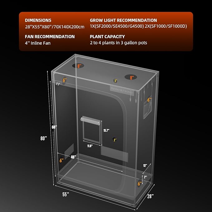 Spider Farmer 4.6x2.3 Grow Tent 2025 New, 55"x28"x80", with Hook for Controller and Power Strip, Enlarged View Window, 1680D Thicken Mylar Canvas for Indoor Hydroponic Growing SF2000, SE4500, G4500 - Image 8