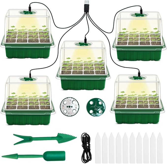 Seed Starter Tray with Grow Light, 5 Packs Plant Starter Tray Seedling Starter Kit with Humidity Domes Base Indoor Greenhouse Mini Propagator Station for Seeds Growing Starting (12 Cells per Tray) by GOONMILL