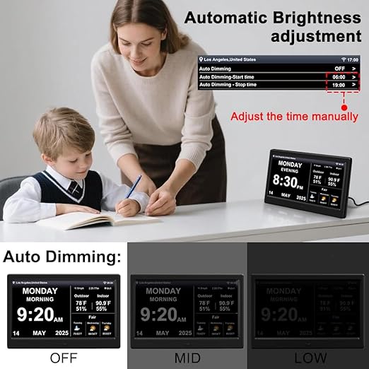 2025 New Digital Clock with Temperature/Humidity & Weather Forecast, Auto Time Sync Large Display, Custom Alarms & Medication Reminders, Ideal for Elderly(Black, 10.1-Inch) - Image 5