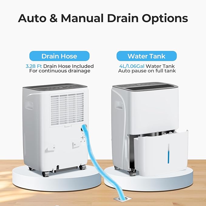 Max 80 Pint Dehumidifiers for Small/Medium Rooms, Bedrooms & Bathrooms & Basement, Custom Humidity Control, 43dB Quiet, 3 Modes, Portable Dehumidifier with Drain Hose & 1.06 Gal Water Tank - Image 7
