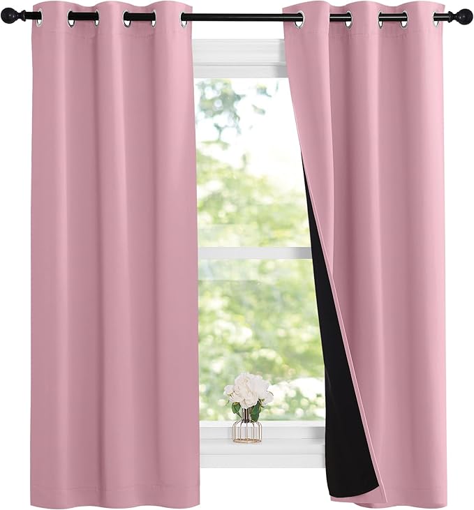 NICETOWN 100% Blackout Short Curtains with Black Liners, 2 Panels, 37"W by 63"L, Crystal Pink, Solid Thermal Insulated Full Blackout 2-Layer Lined Drapes, Energy Efficiency Window Drapes for Bedroom by NICETOWN