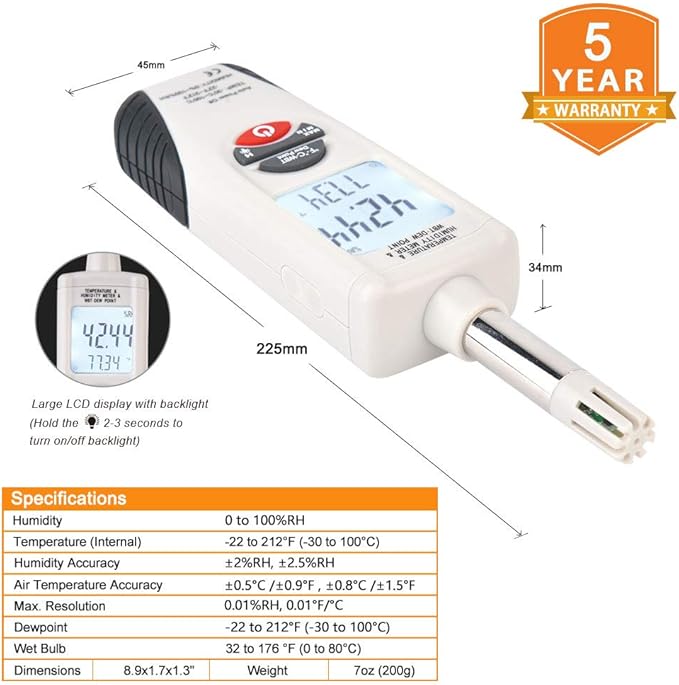 Hygro-Thermometer Psychrometer, Handheld Digital Humidity Temperature Meter with Dew Point and Wet Bulb Temperature, Dual Display Temperature & Humidity, Hti-Xintai - Image 3