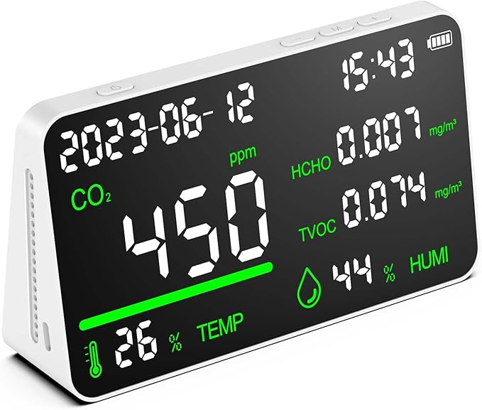CIS 7-in-1 Air Quality Monitor, Indoor Humidity Monitor, Temperature, CO2, TVOC, HCHO, Time, Date Display Desktop Air Quality Tester, Air Quality Meters for Home Office Hotel Restaurant School by Unknown