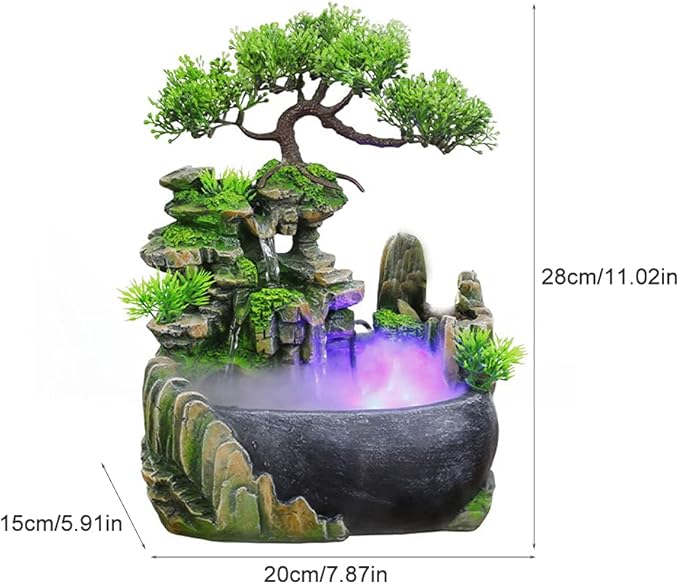 Tabletop Fountain, Atomizing Desktop Humidifier with Rockery & Bonsai, Zen Meditation Indoor Relaxation Waterfall Feature, Illuminated Waterfall Fountain Indoor for Home Office Bedroom Desk Decor - Image 2