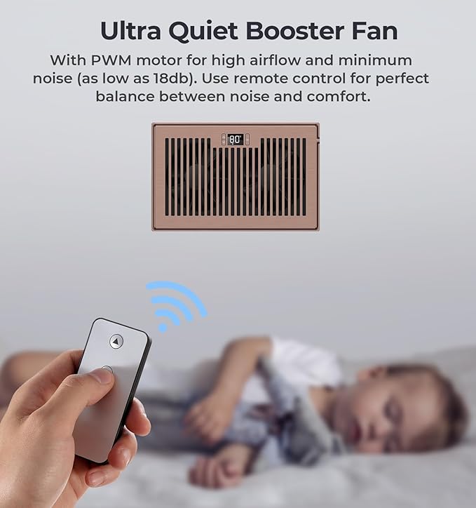 Quiet Register Booster Fan Fits 6" x 10" Register Holes, 10-Speed Smart Heating Cooling AC Vent Fan with Remote Control and Thermostat Control - Bronze - Image 5