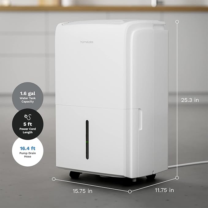 hOmeLabs Dehumidifier for Home, Office, Basements with Powerful Moisture Removal, Humidity Control, Auto Shut-off, Quiet Operation - 6,000 Sq Ft Rooms (40 Pint MAX 104 Pint at 95°F, 90% RH) with Pump - Image 3