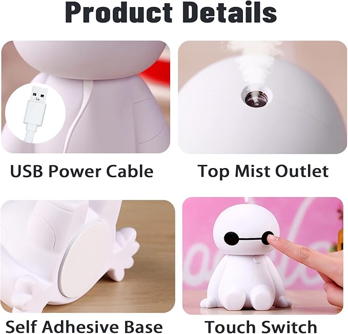 INVODA Small Humidifier Cool Mist Portable Desk USB Personal Mini Humidifiers for Bedroom Office Car Plants, White+6 cotton Sticks - Image 3