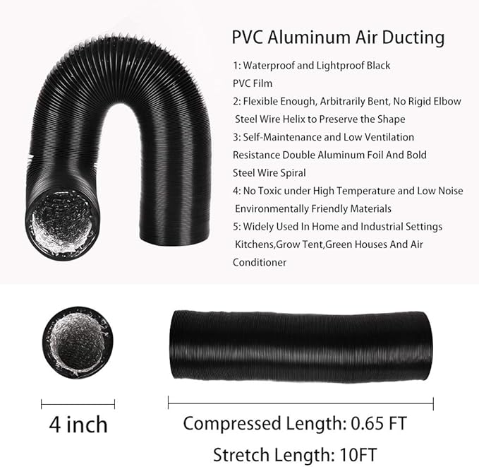 4Inch 10FT Long Flexible Aluminum Air Ducting, Heavy-Duty Black 4 Layer Dryer Vent Hose, Dryer Duct for HVAC Ventilation,Duct Fan Systems, 2 Stainless Steel Clamps Include - Image 2