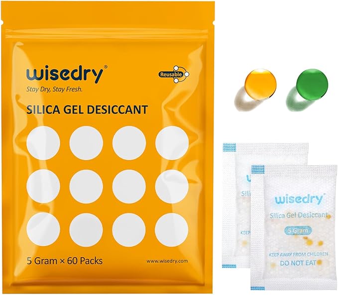 wisedry 5 Gram [60 Packs] Food Grade Silica Gel Packs Rechargeable Desiccant Dehumidifiers Pouches with Color-Indicating Beads Reusable Moisture Absorbers for Food Storage by wisedry